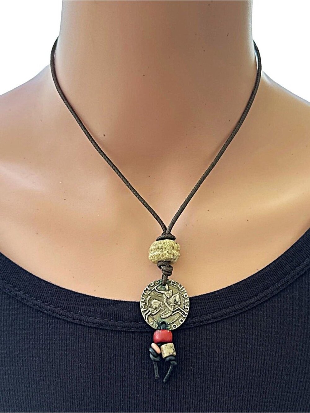 The Limited Roman Coin Tassel Necklace 15 Inch Length Brown Silver Tone Womens
